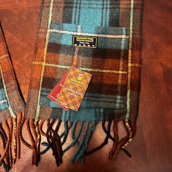 Patrick King Wool Pocket Scarf Plaid Design With Fringe Trim Brown Teal scotish - Picture 3 of 10
